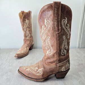 Corral Western Boot 7.5 Brown Embroidered Leather Cowgirl Boho Midcalf Pointed